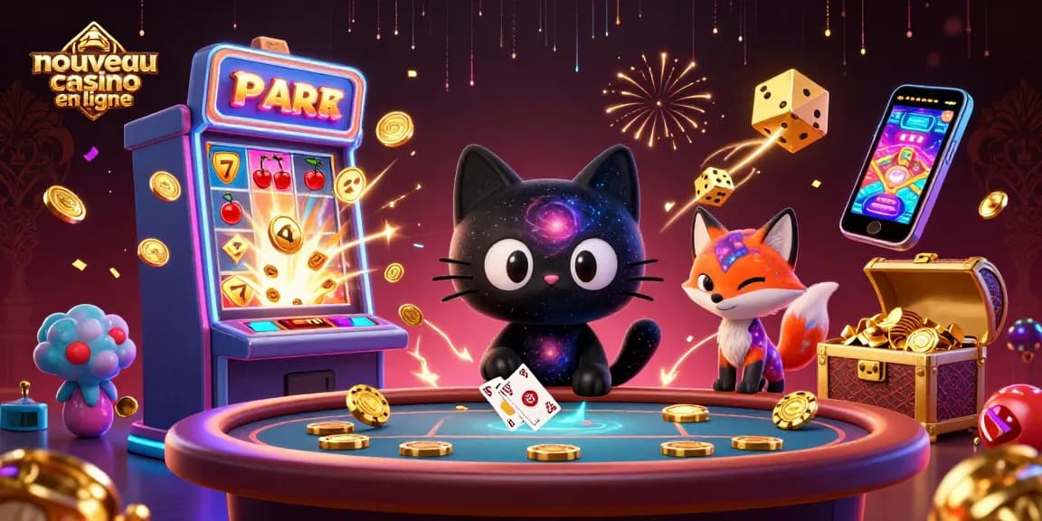 Provoquez le jackpot dans un nouveau casino en ligne avec cette illustration captivante de personnages et de jeux.