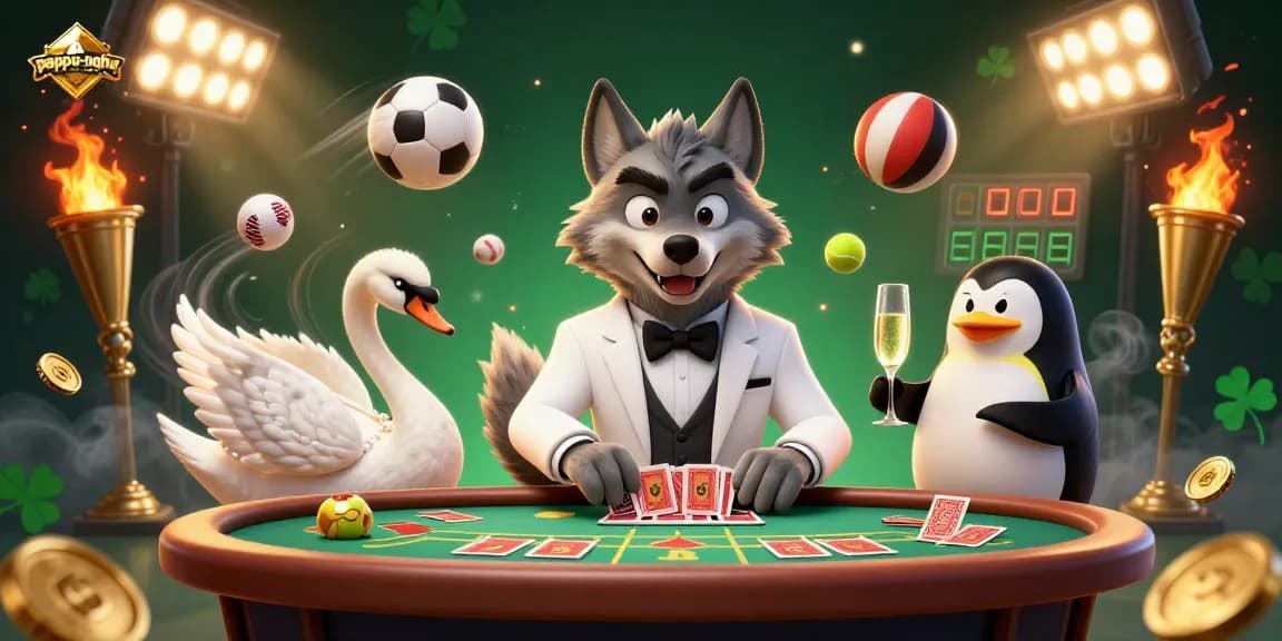 Pappu-nohu game characters like a debonair wolf, elegant swan, and penguin creating an exciting gambling atmosphere.