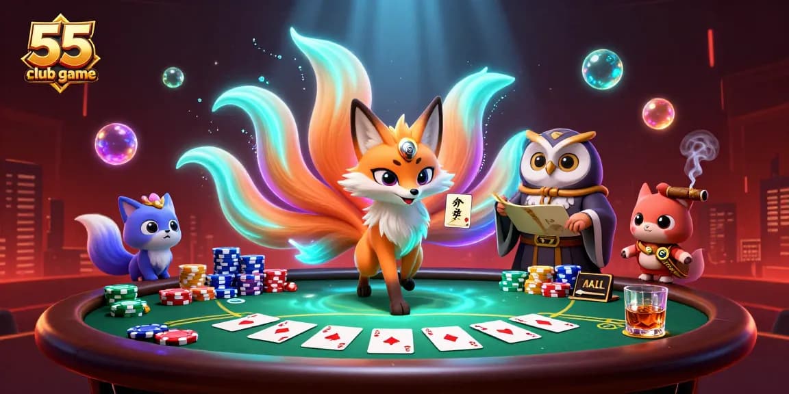 Win big with the 55 club game, showcasing vibrant characters and dynamic poker elements in an exciting casino scene.