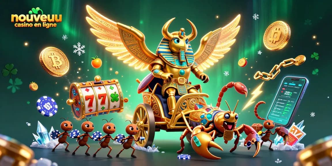 Rejoignez l'excitation du nouveau casino en ligne avec cette illustration dynamique de personnages entourés de symboles de jeux et de cryptomonnaies.