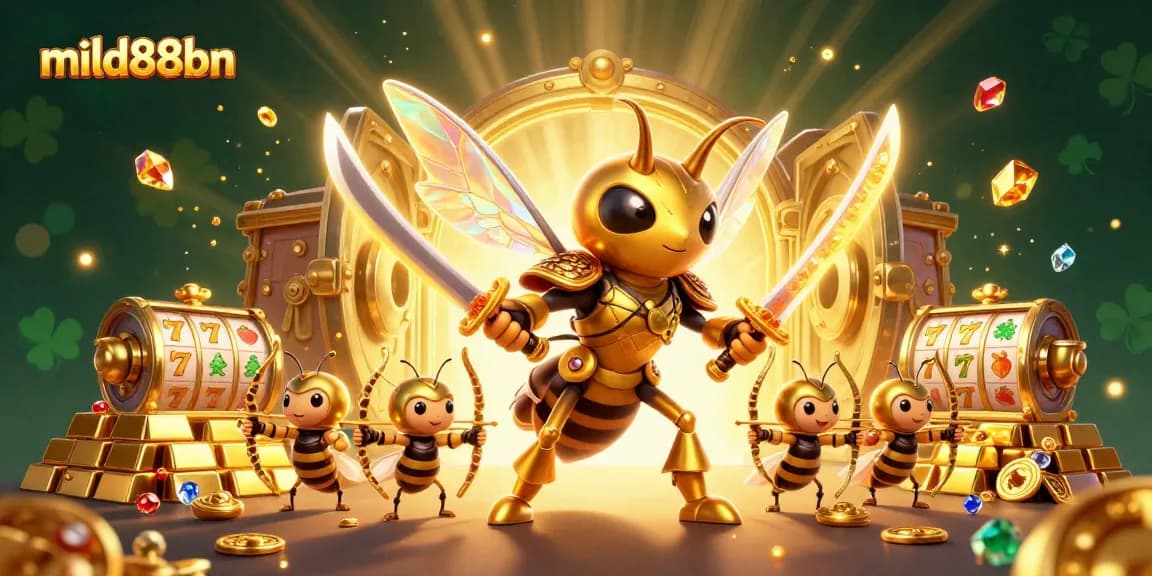 Experience the thrill of mild88bn with a vibrant 3D scene of gaming characters and treasures.