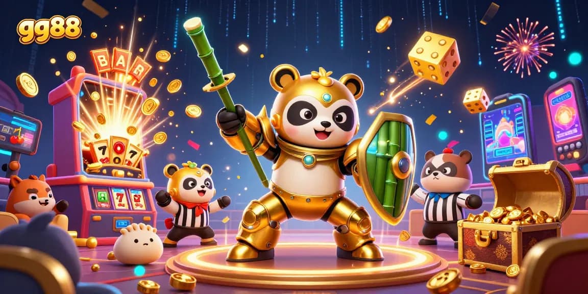 Join the excitement at gg88 as the golden panda pilots a bamboo robot in this thrilling gambling scene.