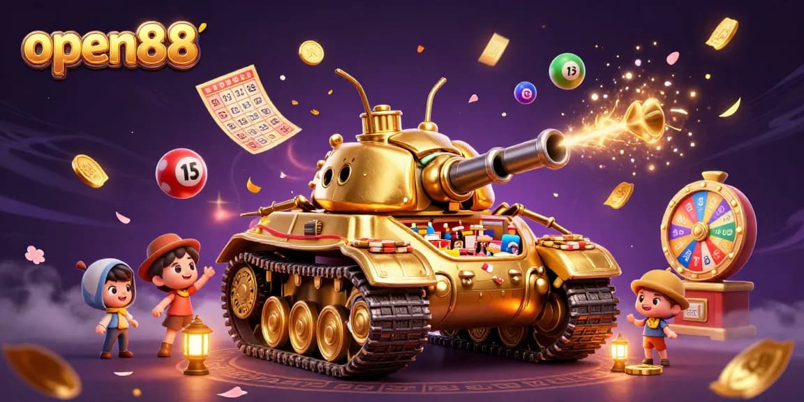 open88 showcases a vibrant casino scene with golden details and lottery elements in 3D