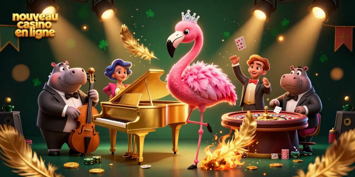 Illustration d'une scène de casino en ligne avec un flamant rose chanteur et un hippopotame bassiste, riche en détails, nouveau casino en ligne.