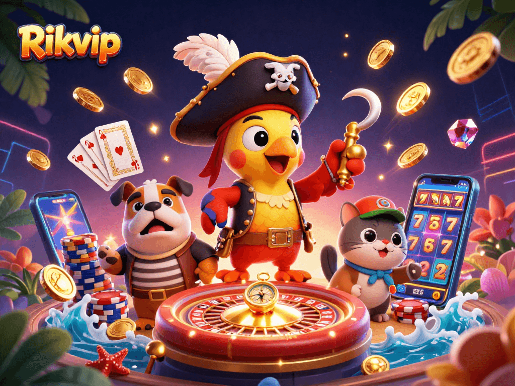 Experience exciting gaming action at Rikvip with vibrant characters and a dynamic casino scene.