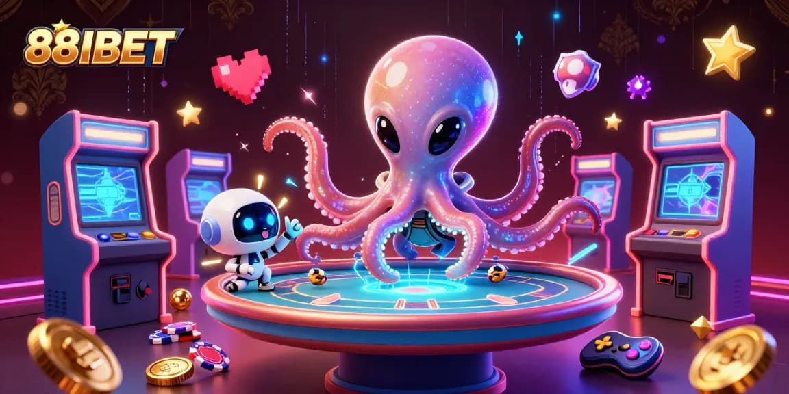 88IBET showcases an alien octopus engaging in holographic poker, creating a vibrant casino atmosphere.