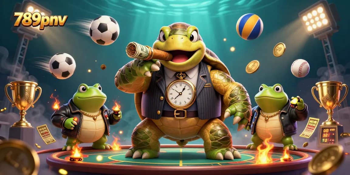 Experience the excitement of 789pnv with a vibrant 3D casino illustration featuring a mobster snapping turtle and sports elements.