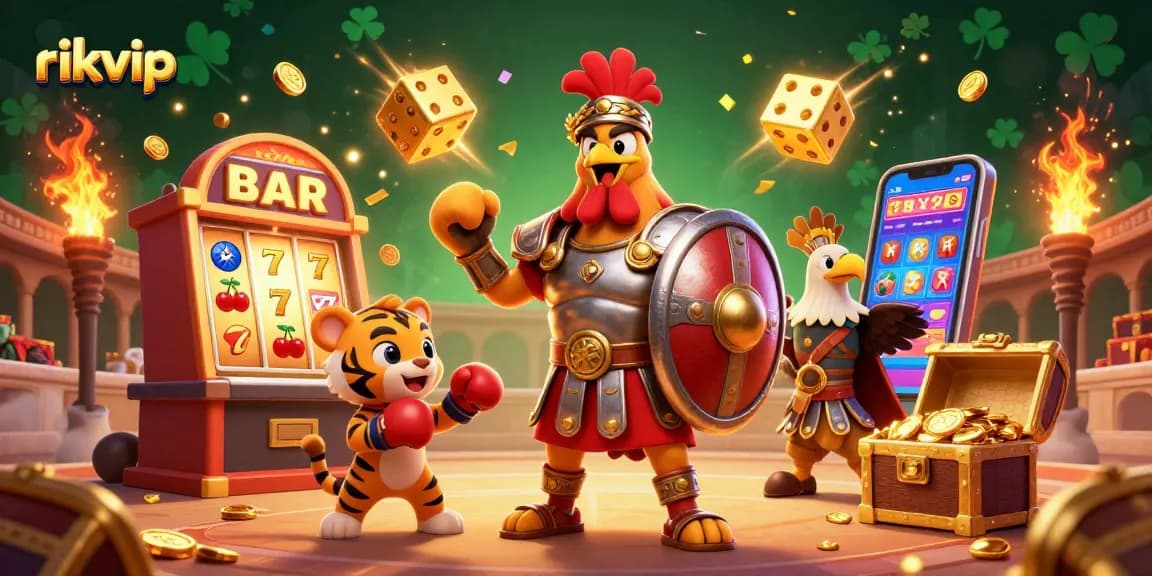 Experience jackpots at Rikvip with a dynamic scene of a rooster championing victory amid casino excitement.