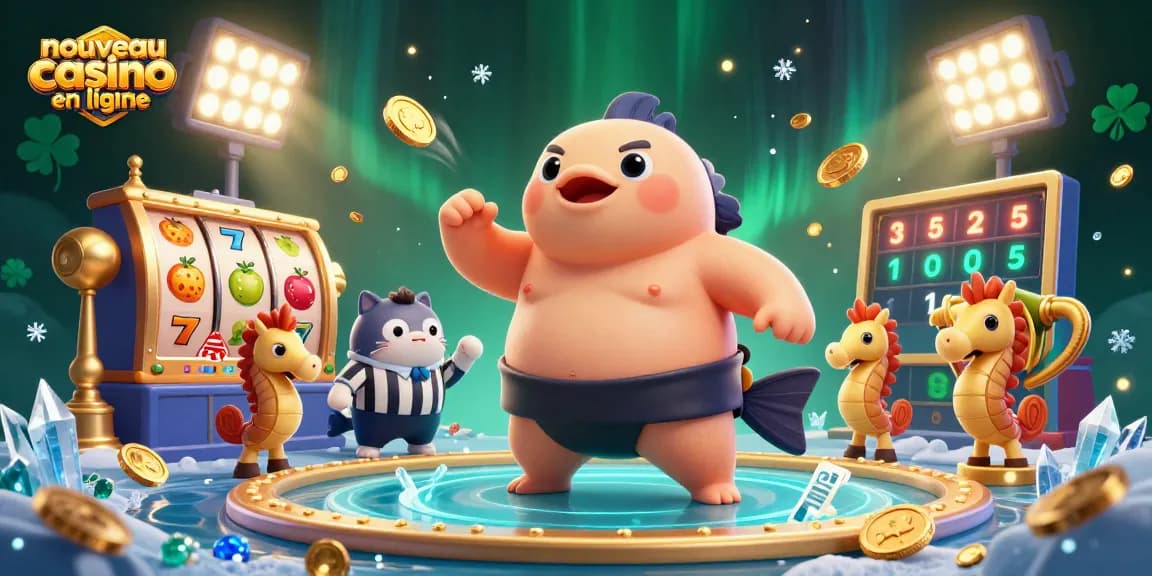 Illustration du nouveau casino en ligne avec un fugu sumotori entouré de lots de pièces d'or et symboles de chance.