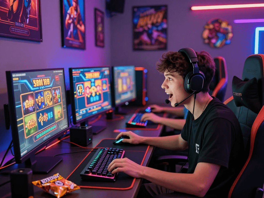 Pengalaman bermain slot88 yang menarik dengan pemain muda fokus di ruang gaming modern berlampu LED.