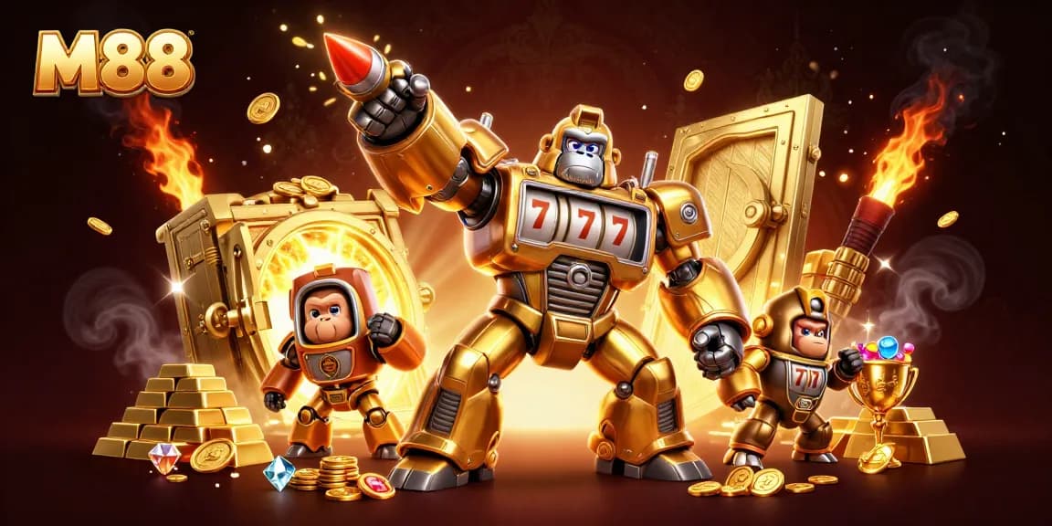 M88 reveals a dynamic gaming scene with a golden gorilla mech and treasure bursting from a vault.