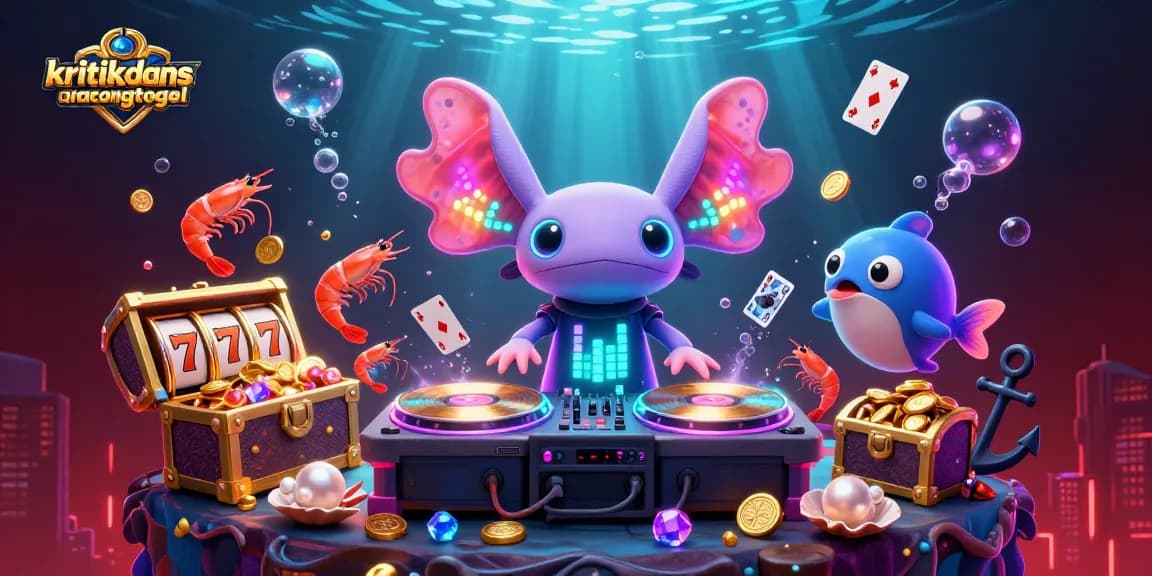 Kritikdansarancongtogel showcases an axolotl DJ with glowing shrimp in a dynamic underwater casino scene.
