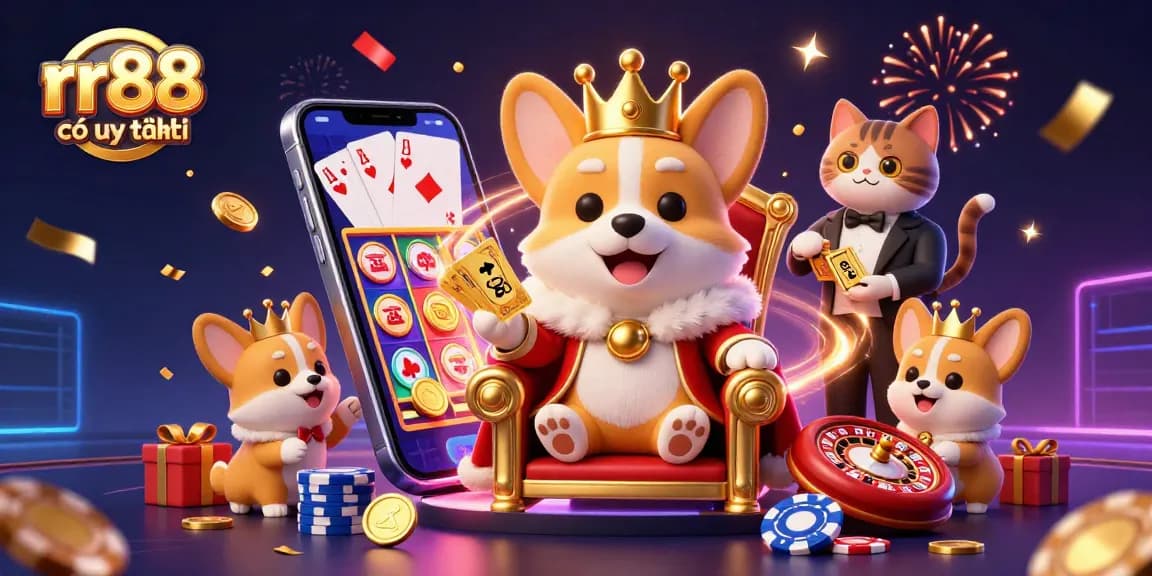 Enjoy thrilling gaming at rr88 có uy tín with a royal corgi, golden cards, and exciting casino elements.