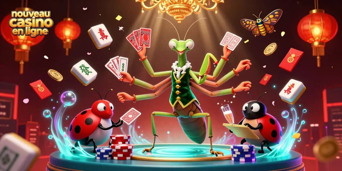 Illustration dynamique d'un nouveau casino en ligne avec un caméléon et une coccinelle, entourés de jetons et de lanternes rouges.