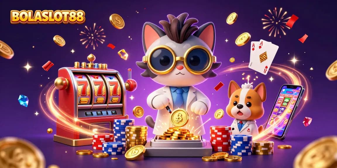 BOLASLOT88's vibrant digital illustration showcases a fun casino scene with thrilling slot machine action, celebrating wins.