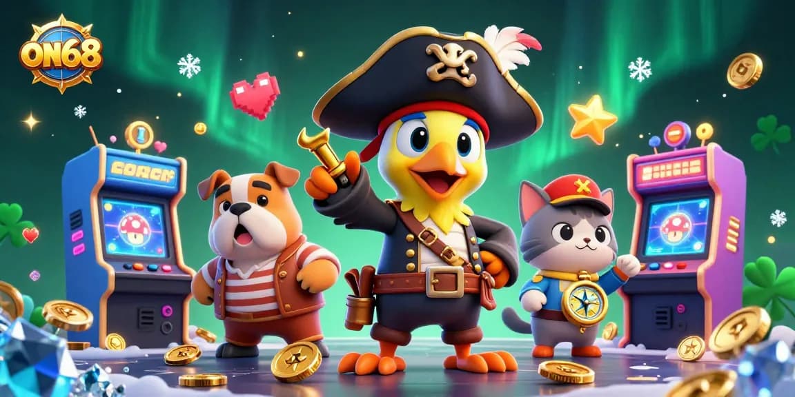Spin for winnings at on68 with pirate captain and friends in a vibrant casino-themed scene.