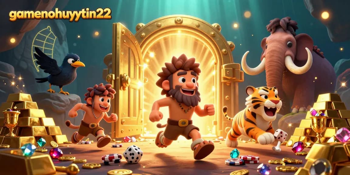 Experience the thrill of gamenohuuytin22 in this vibrant prehistoric casino scene filled with treasures.