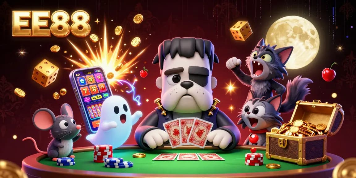 EE88 showcases colorful casino elements with a lively Frankenstein bulldog and friends in a vibrant scene.