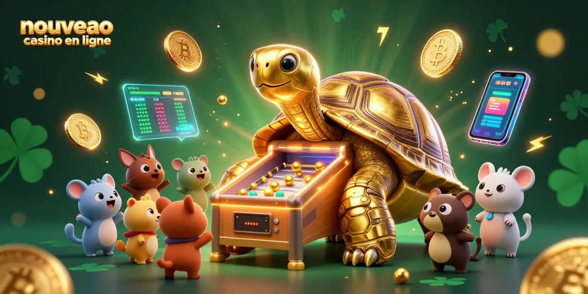 Jouer au nouveau casino en ligne avec une tortue en or qui fonctionne comme un flipper, entourée de pièces de crypto-monnaie.