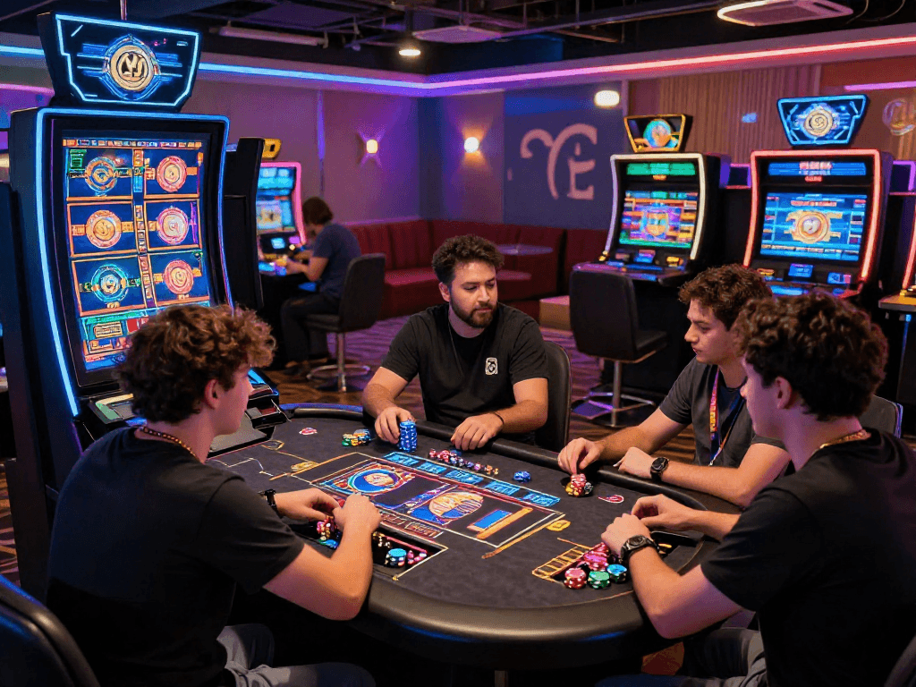 Crypto casino players at vibrant gaming stations with digital screens displaying colorful games and cryptocurrencies.