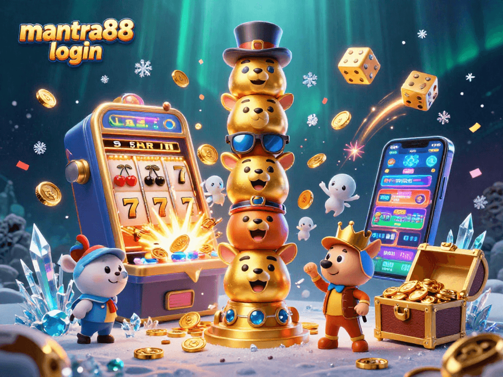 Experience the thrill of winning with mantra88 login as vibrant casino elements explode around a golden totem pole illustration.