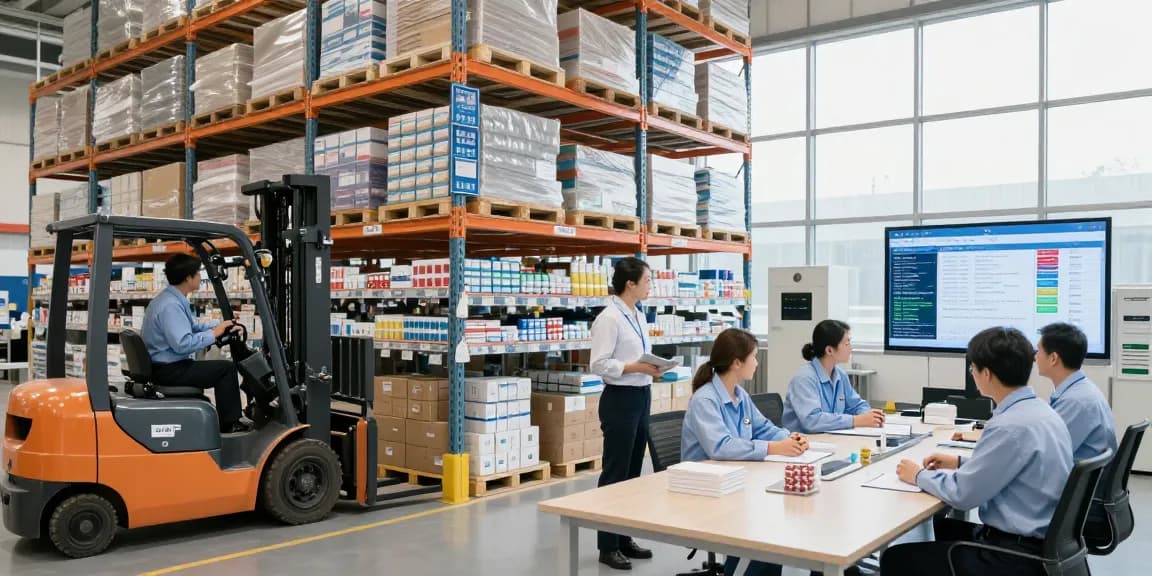 Pharmaceutical warehousing company managing inventory efficiently in a modern facility with staff and equipment.