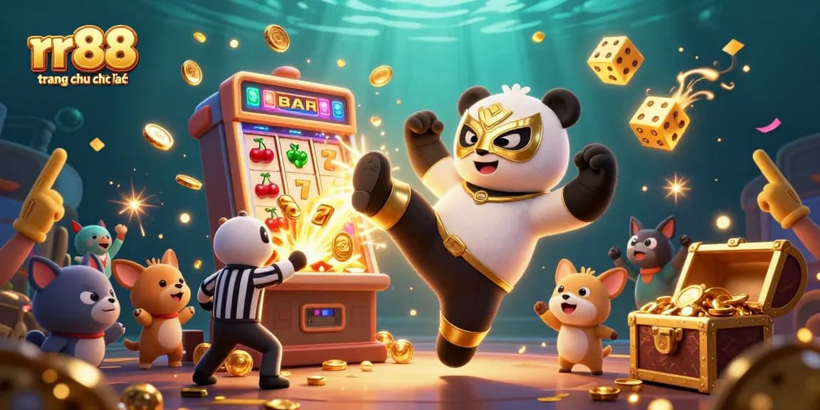 Engage in the excitement of rr88 trang chủ chính thức with a vibrant scene featuring a panda wrestler, rich casino elements, and energetic animal fans.