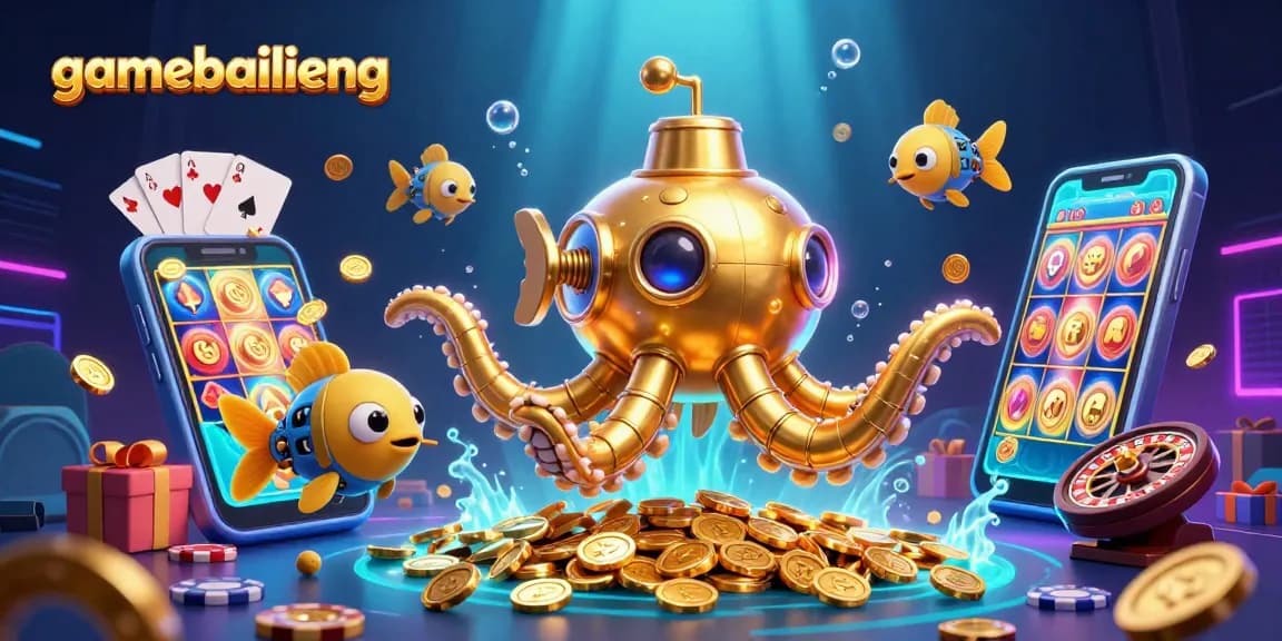 Engage with thrilling gameplay at gamebailieng featuring a vibrant illustration of a kraken submarine in a golden casino adventure.