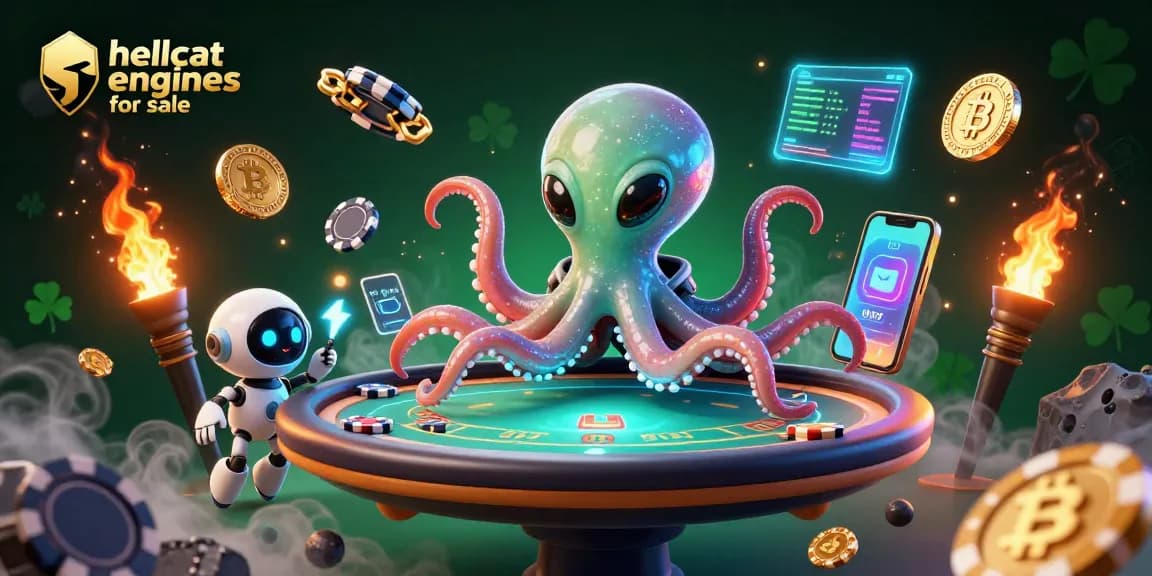 Engage in thrilling gameplay with hellcat engines for sale, featuring an alien octopus at a holographic poker table.