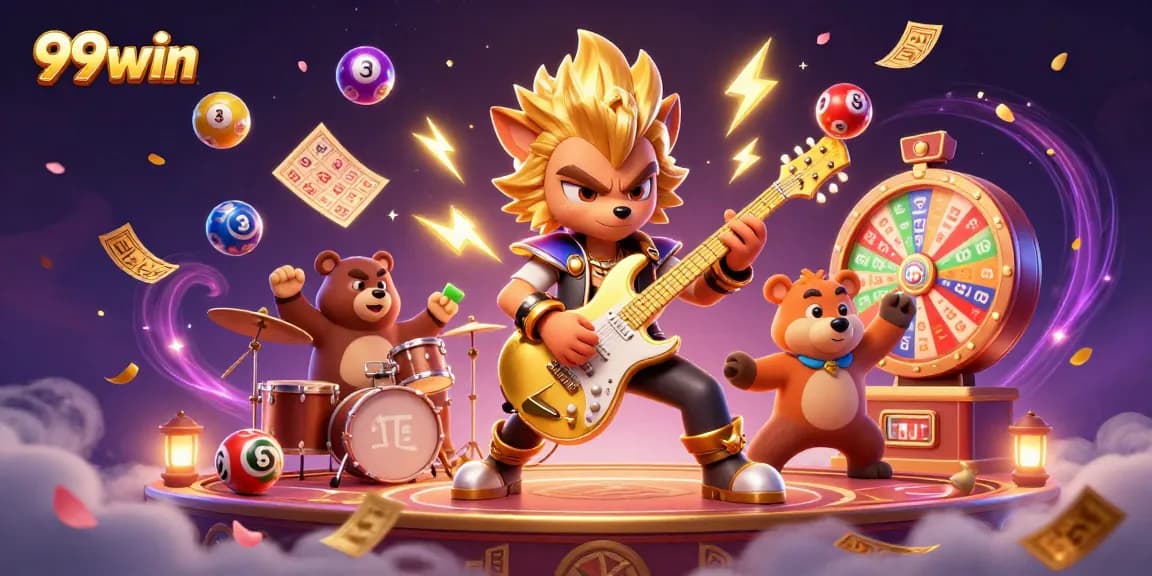 Experience the thrill of 99win with rock star characters, colorful lottery balls, and exciting casino elements.
