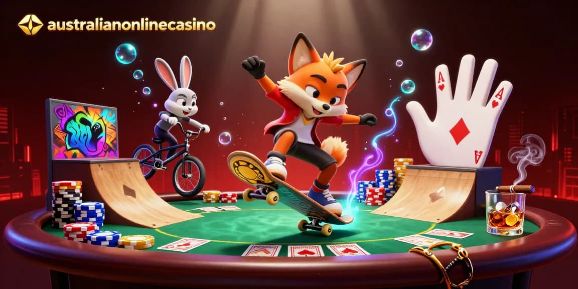 Engage in thrilling gameplay at australianonlinecasino, featuring cartoon characters in a vibrant casino scene.