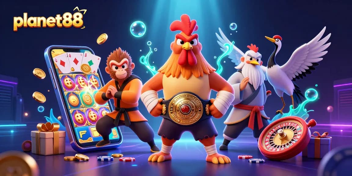 Spin the reels at planet88 with an energetic illustration of martial arts characters and vibrant casino elements.