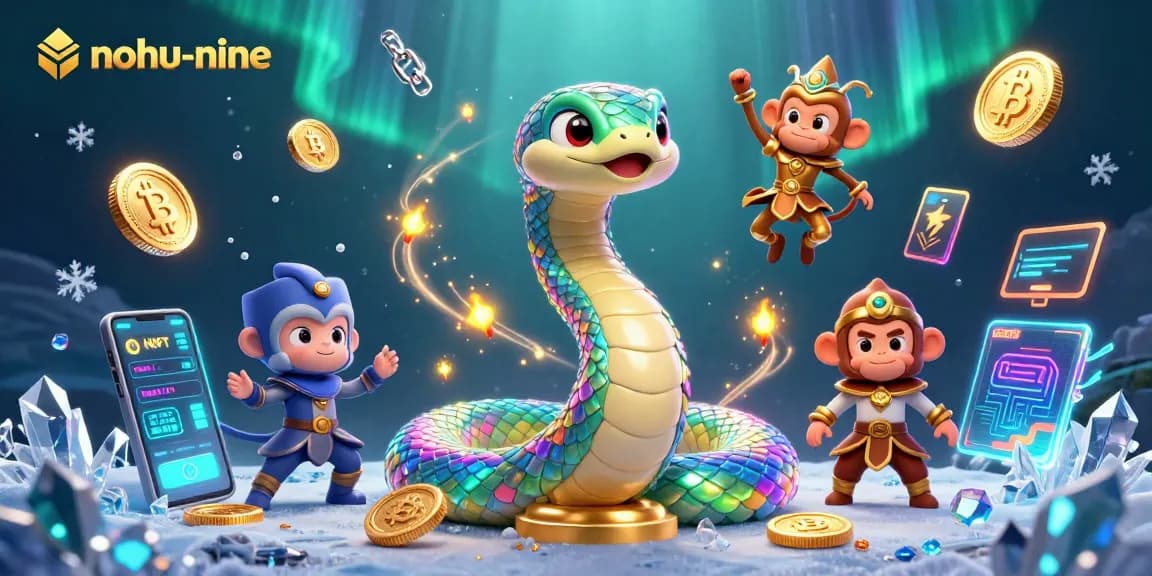 Engage in nohu-nine with a vibrant scene showcasing a colorful serpent and monkey king among crypto elements.