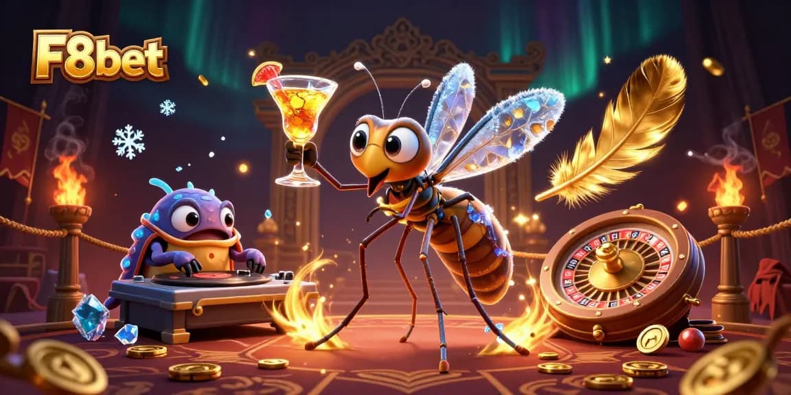 Engage with F8bet's vibrant illustration featuring lively casino elements and unique characters.