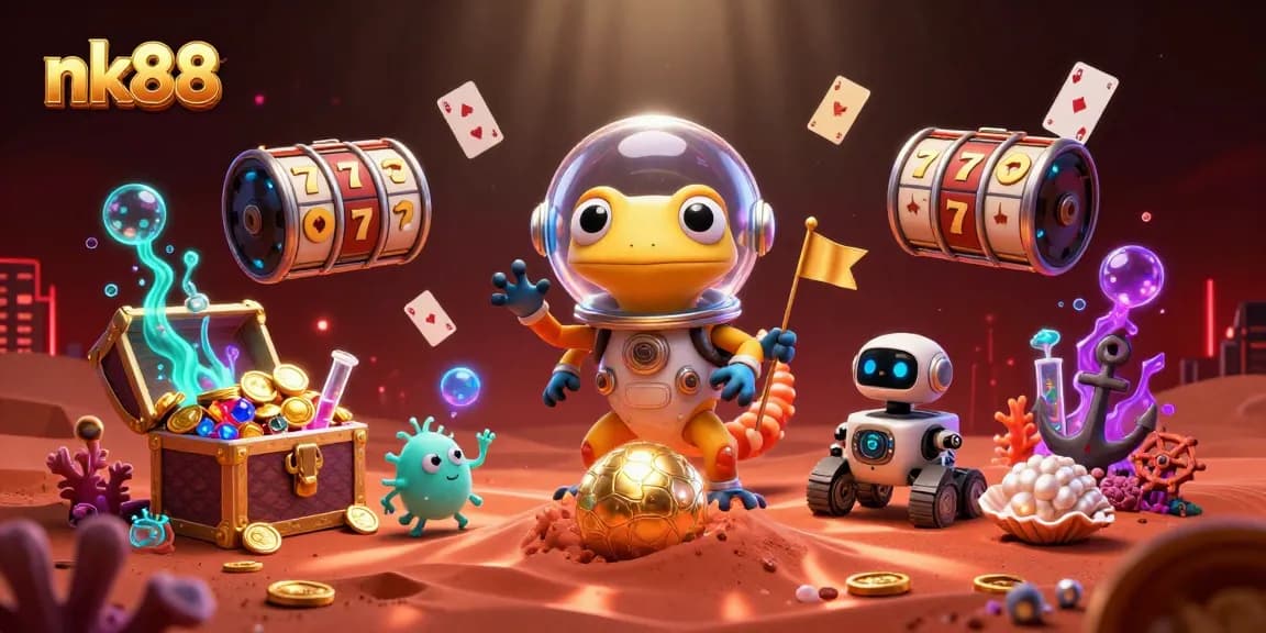 Engage in the thrilling world of nk88 with a vibrant casino scene featuring colorful slot reels.