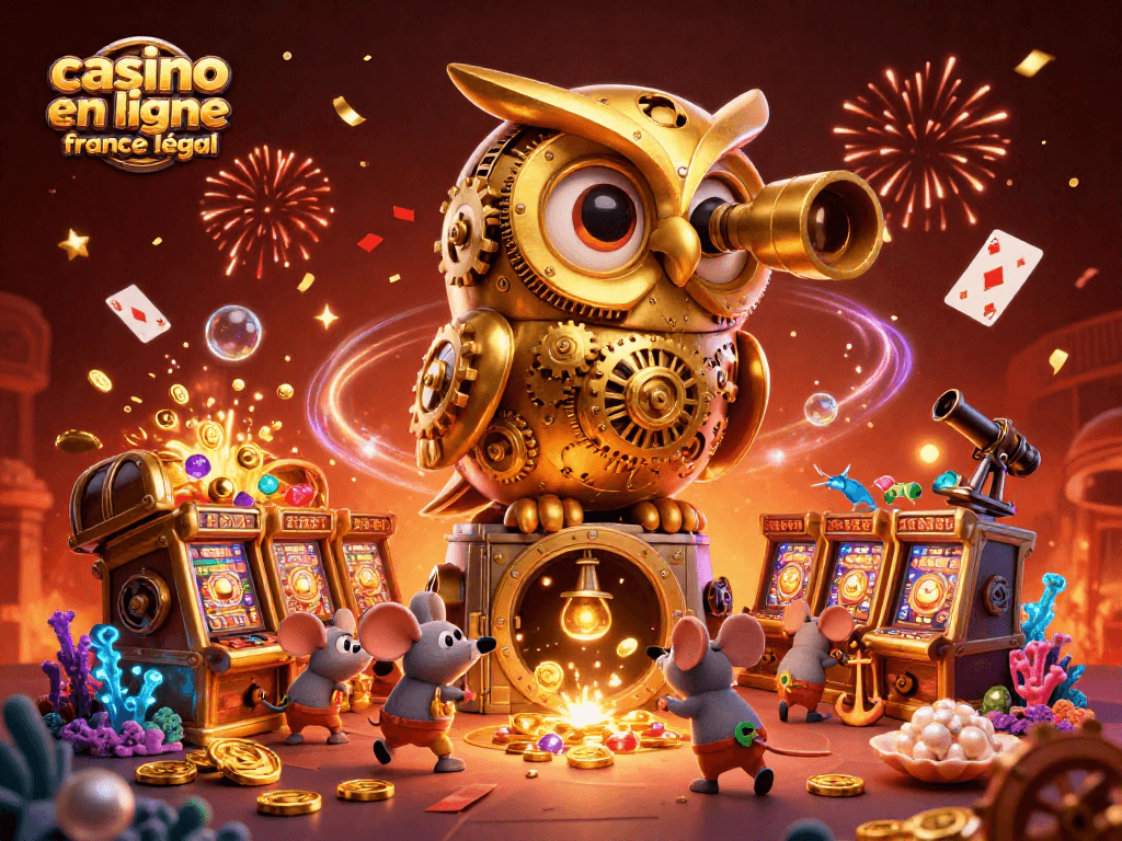 Profitez du casino en ligne France légal avec une illustration animée de machines à sous dorées et des personnages vivants.