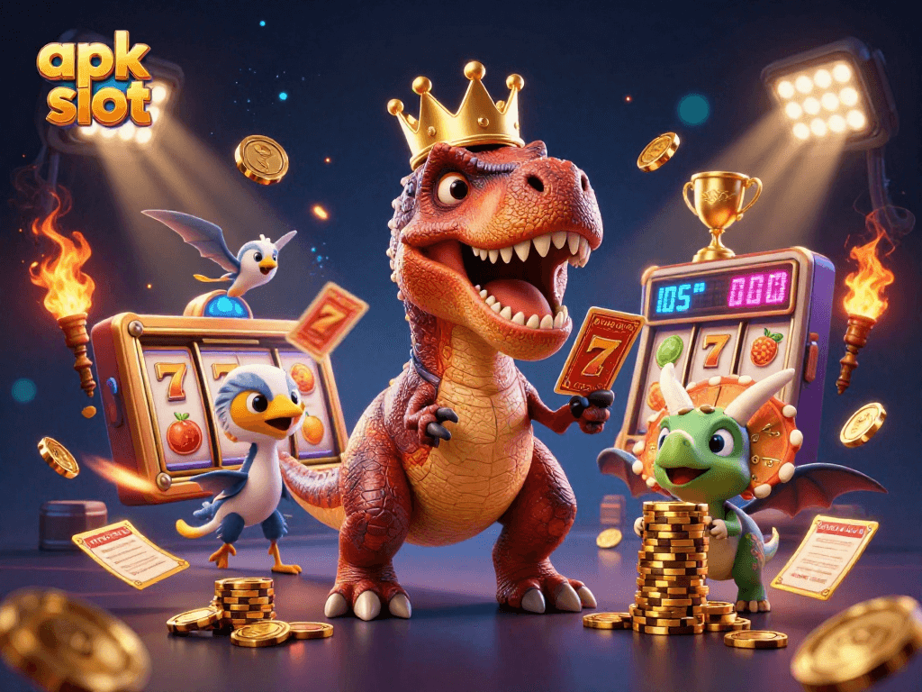 Mainkan apk slot dengan karakter kartun T-Rex dan triceratops dalam suasana kasino yang kaya.