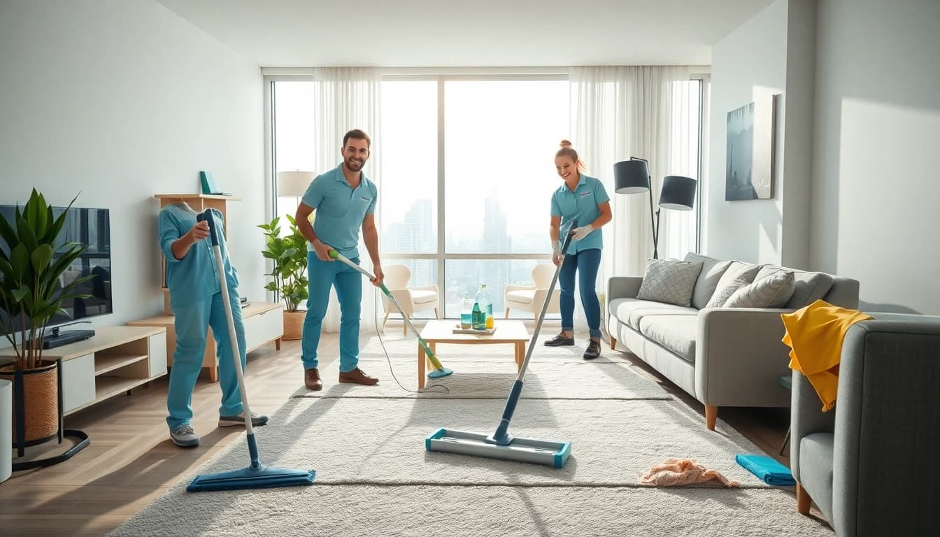Expert bond cleaning Logan team performing thorough cleaning in a modern apartment with bright sunlight.