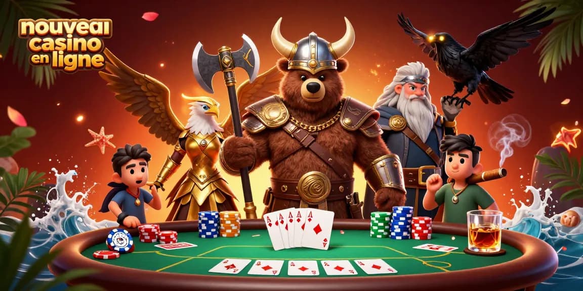 Découvrez un nouveau casino en ligne illustré avec des ours Vikings et des aigles Valkyries jouant aux cartes.