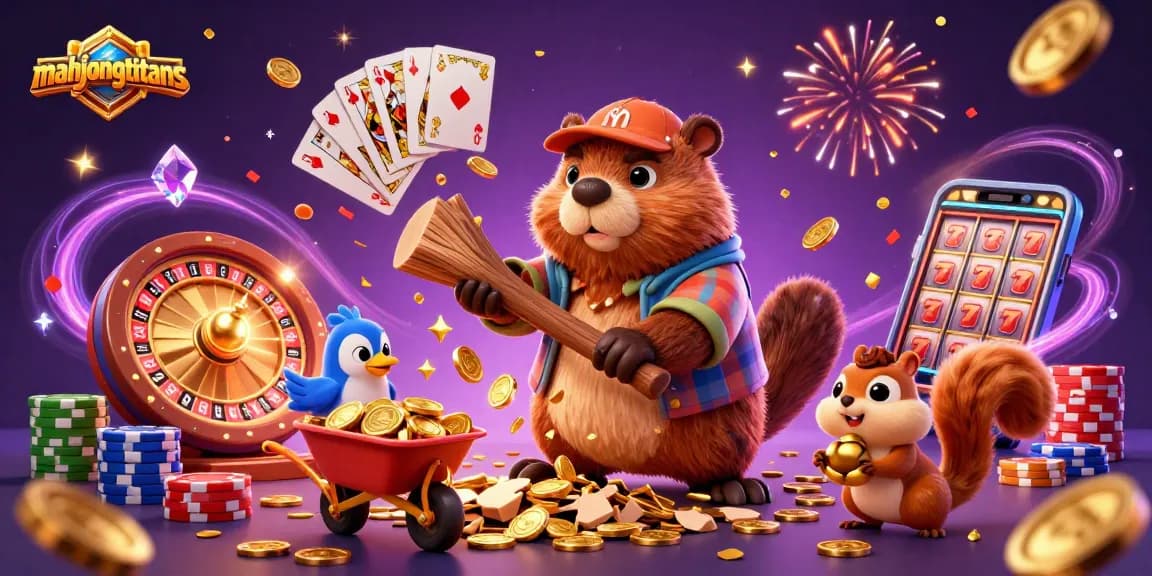 Play mahjongtitans as a beaver whirls coins from trees while celebrating winnings!