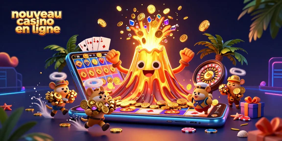 Image dynamique de nouveau casino en ligne avec un volcan or et des trésors dans un décor luxuriant.
