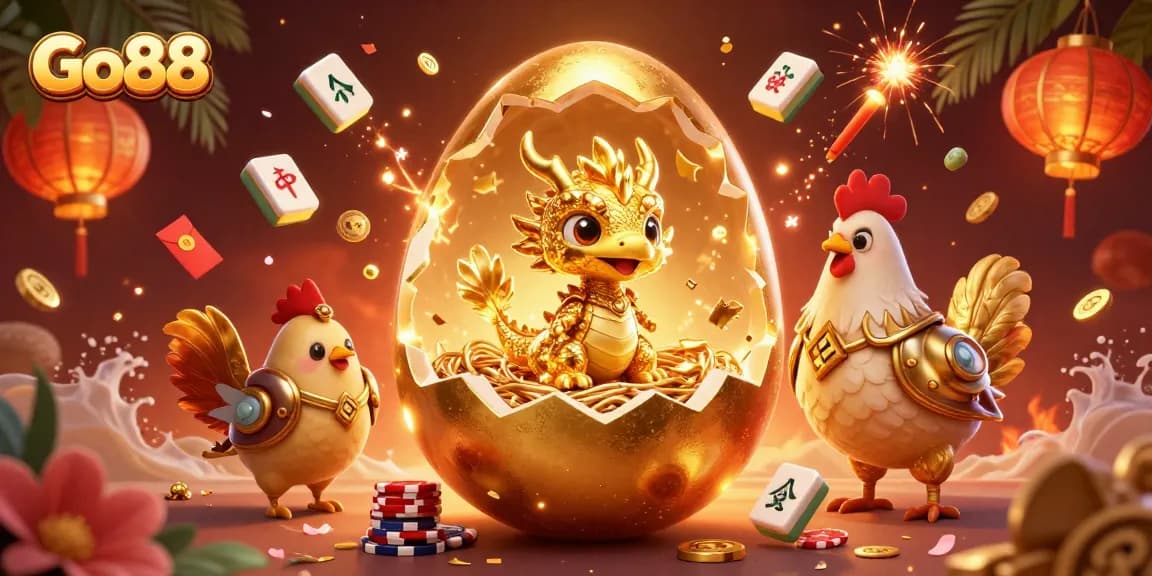 Engage in thrilling gaming adventures with Go88's captivating visuals of a vibrant dragon and poker chips.