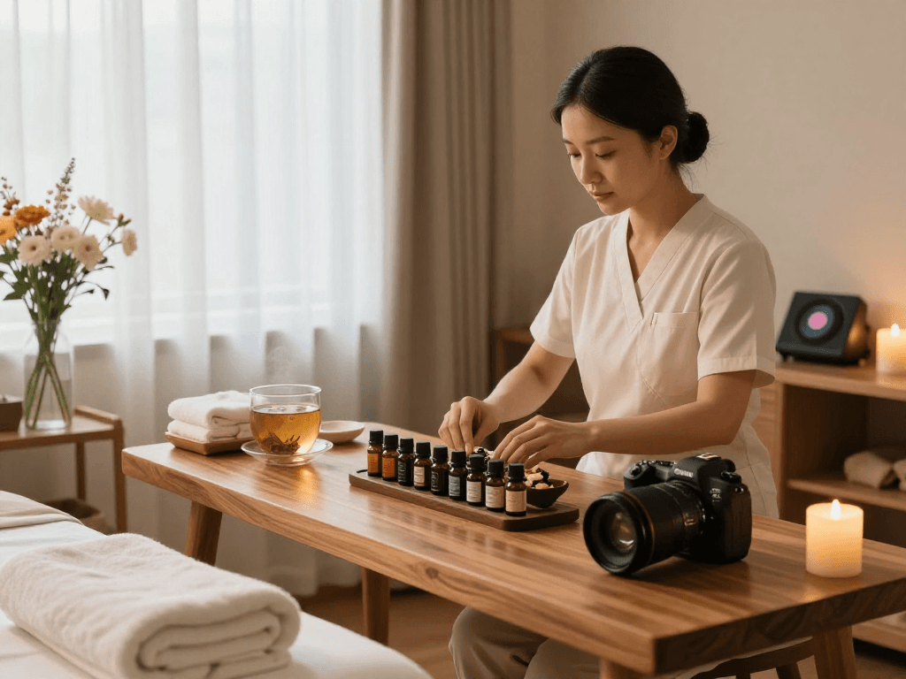 Balanced Massage therapist preparing oils in a serene room embodying mantra88 relaxation.
