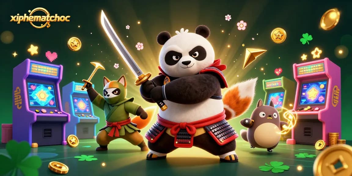 xiphematchuoc samurai panda and ninja fox face off in a vibrant 3D casino illustration, showcasing arcade-style excitement.