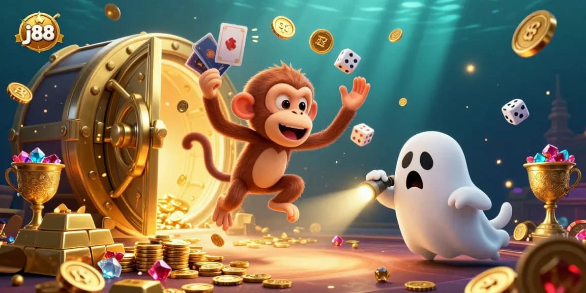 Engage with j88’s 3D casino adventure featuring a mischievous monkey and ghost-hunter puppy.