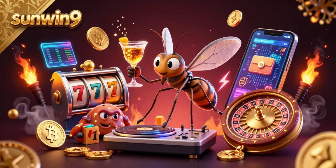Immerse in sunwin9's vibrant casino scene with a golden cocktail-wielding mascot and dynamic gaming elements.