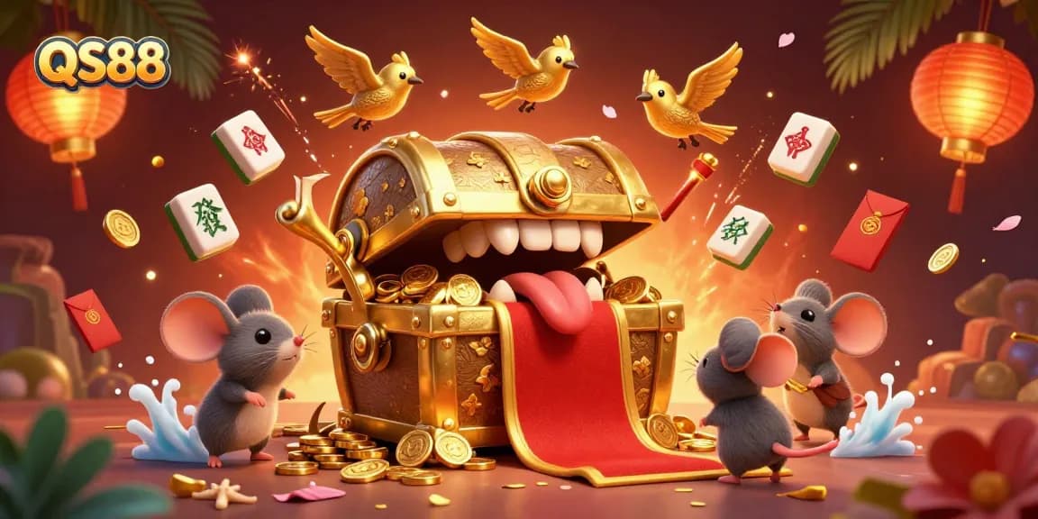 Engage in winning strategies at QS88 with a vibrant 3D online casino scene showcasing treasure and festive elements.