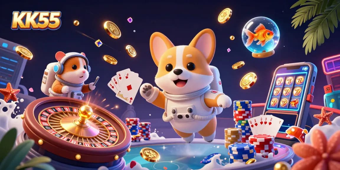 Experience thrilling gaming at KK55 with floating characters, spinning roulette, and bursting jackpot elements.