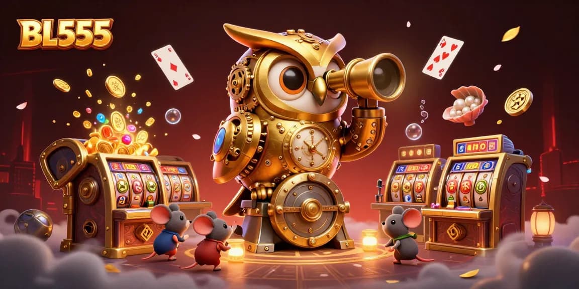 Experience thrilling gameplay at BL555 featuring a golden owl surveying a bustling casino.