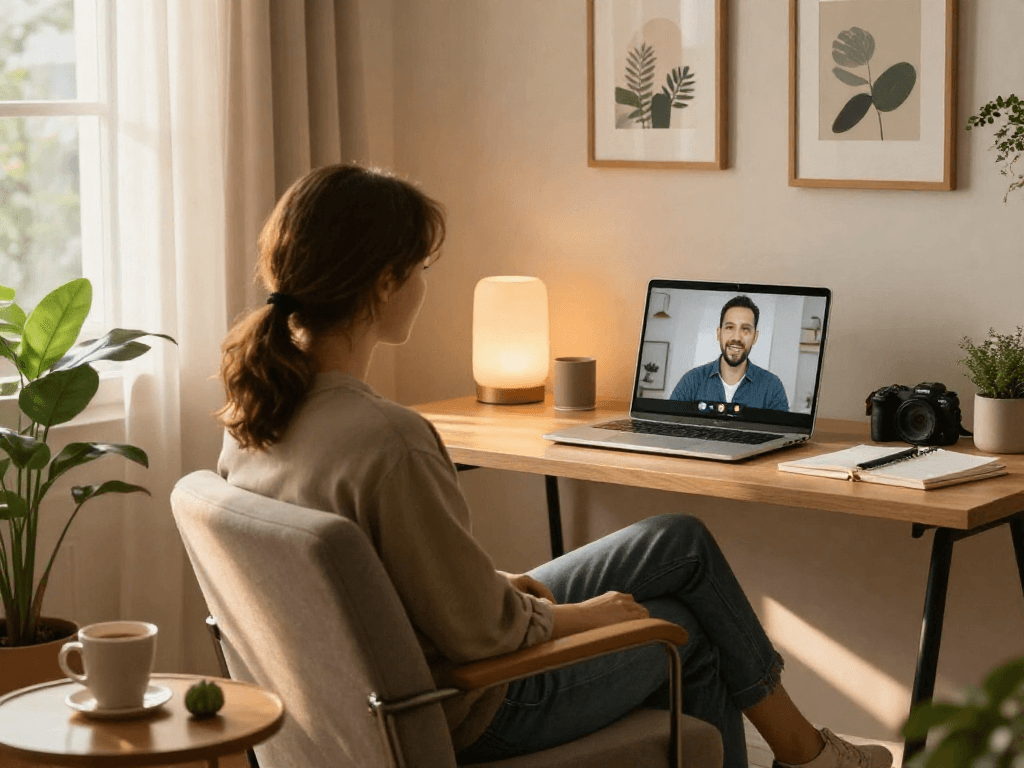 Engaging sex chat interaction in a cozy virtual space with warm lighting.